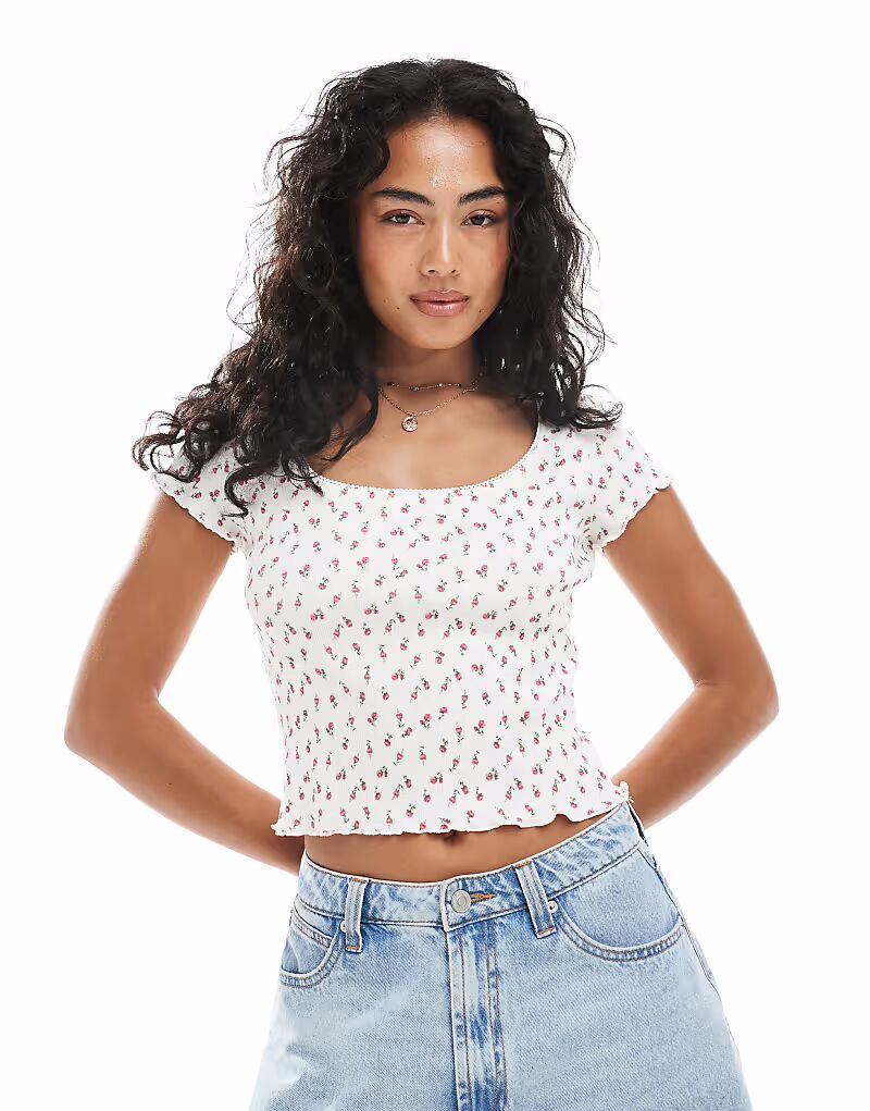 

Белая футболка с мелким цветочным принтом и квадратным вырезом Miss Selfridge, Белый, Белая футболка с мелким цветочным принтом и квадратным вырезом Miss Selfridge