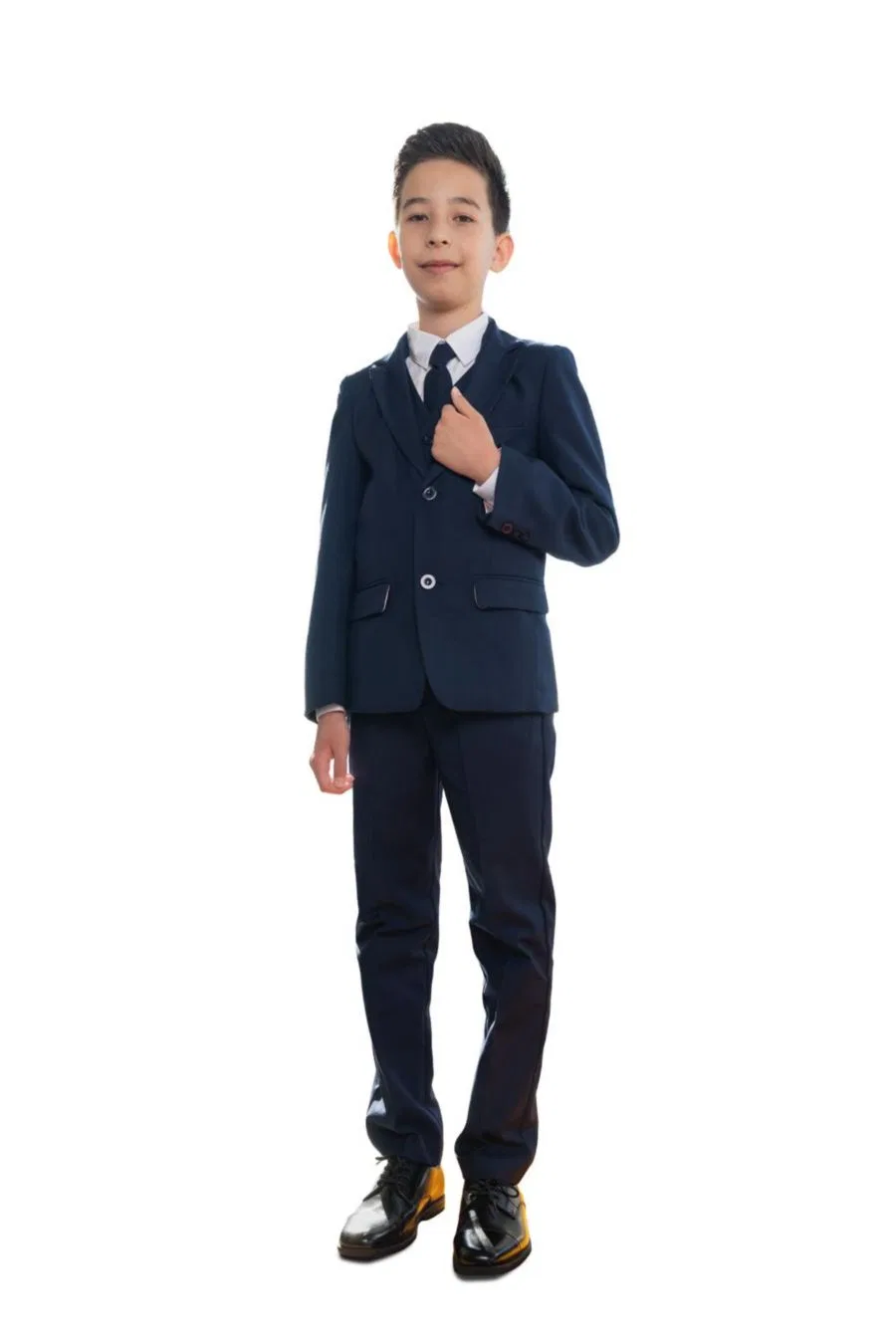 Костюм 007 Slim Fit для маленьких и больших мальчиков, состоящий из 5 предметов: рубашка, галстук, пиджак, жилет и брюки Peanut Butter Collection, темно-синий — фото 3