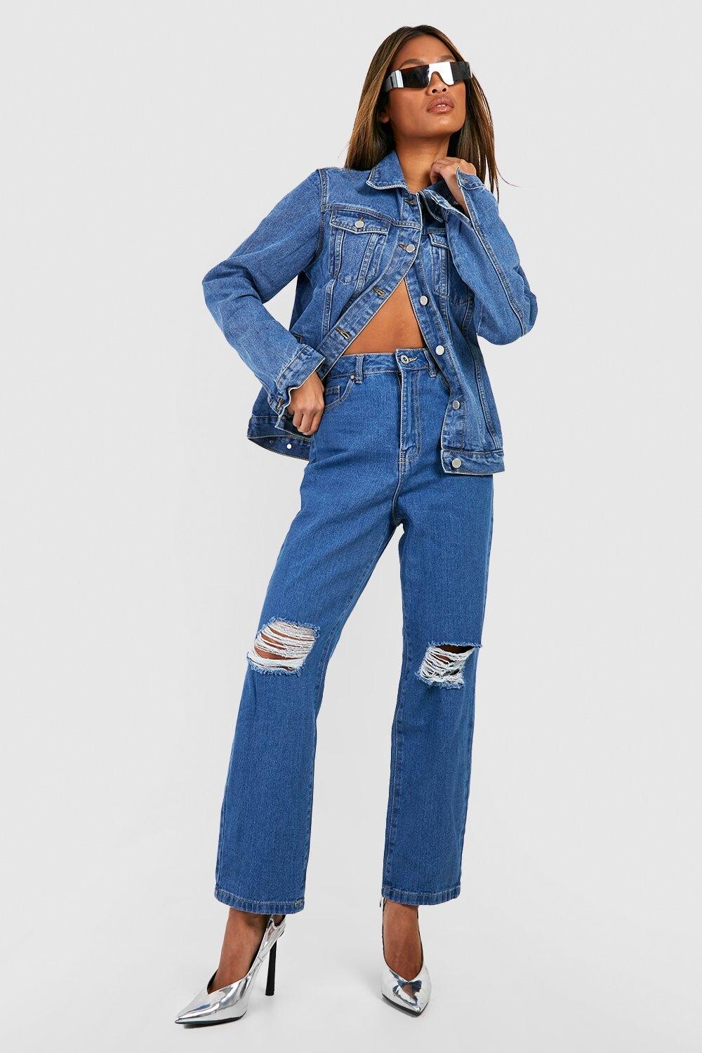 

Прямые джинсы с высокой посадкой и рваными штанинами basics Boohoo, синий