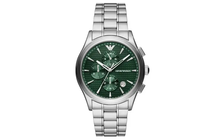 

Мужские часы EMPORIO ARMANI с кварцевым механизмом, стальным браслетом 42 мм и зеленым циферблатом