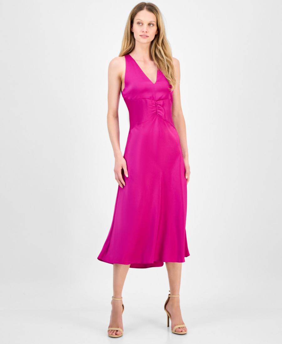 

Женское атласное платье миди без рукавов с V-образным вырезом BOSS Orange, Dark Pink