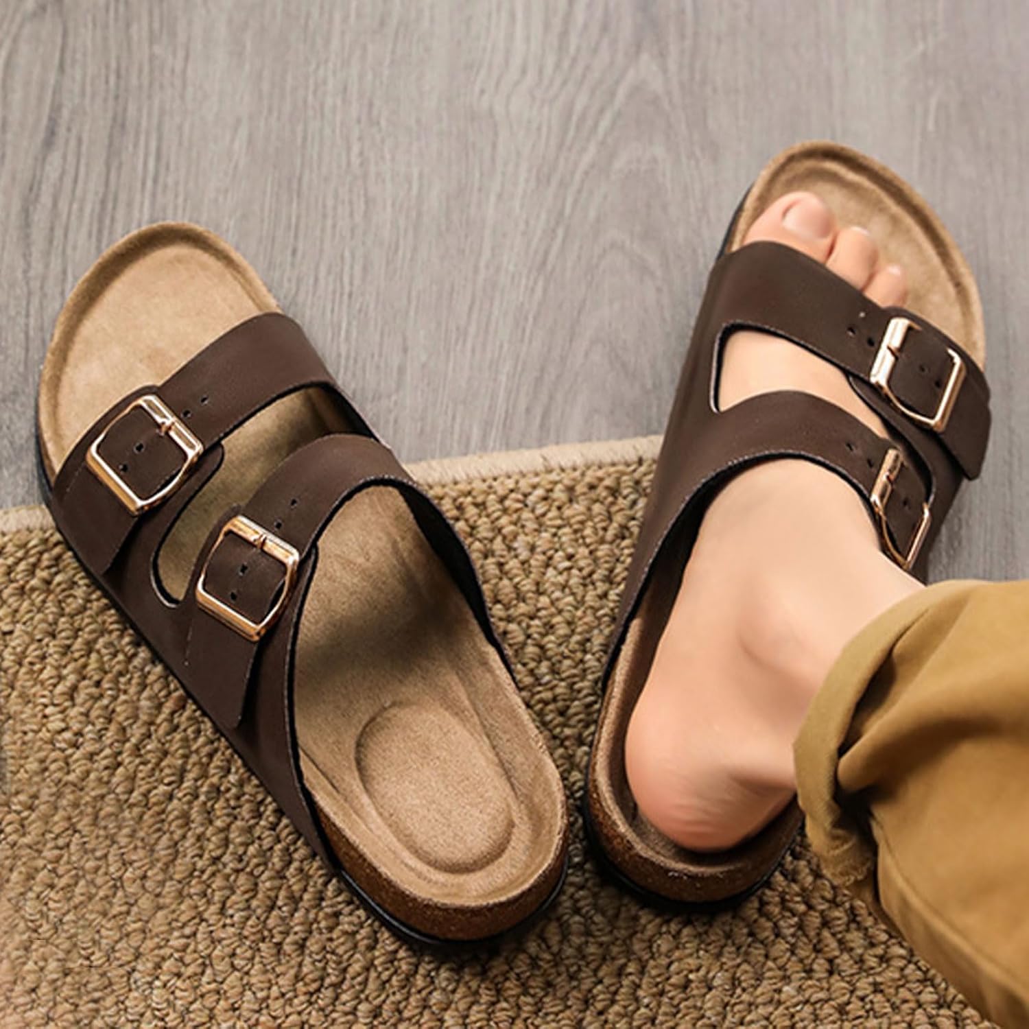 Сандалии Titype Cork Footbed с поддержкой свода для женщин и мужчин, регулируемая пряжка, натуральная кожа, удобные летние сандалии для улицы и пляжа, коричневый — фото 2