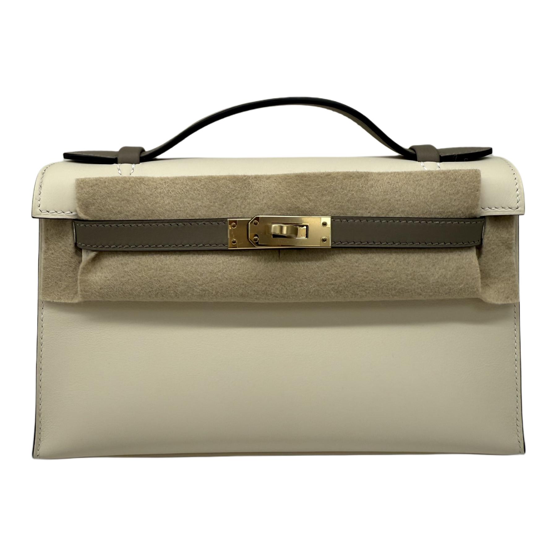 

HERMES Мини Келли первого поколения женская сумка через плечо из кожи Swift кремово-белый и асфальтово-серый