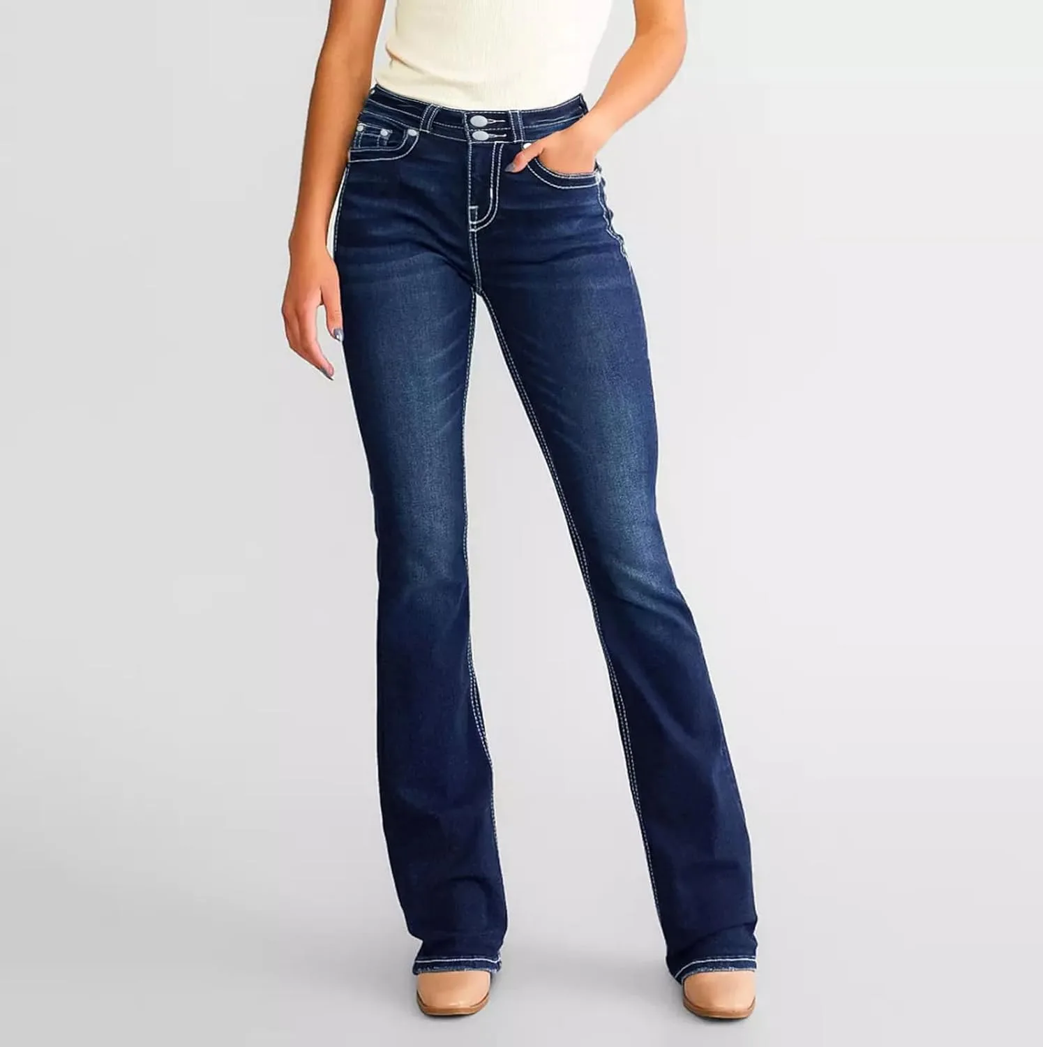 Flare High Waisted джинсы для женщин Stretchy Skinny Bell Bottom — фото 2