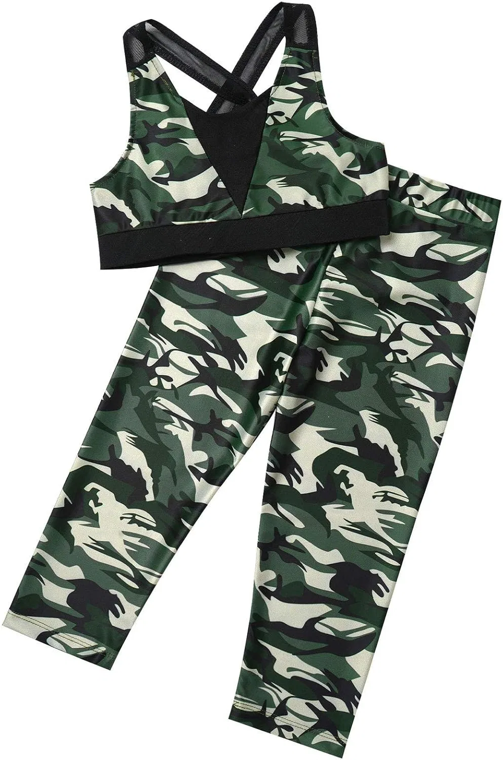 Детский спортивный костюм с камуфляжным принтом YEAHDOR, топ и капри, Camouflage Green — фото 3