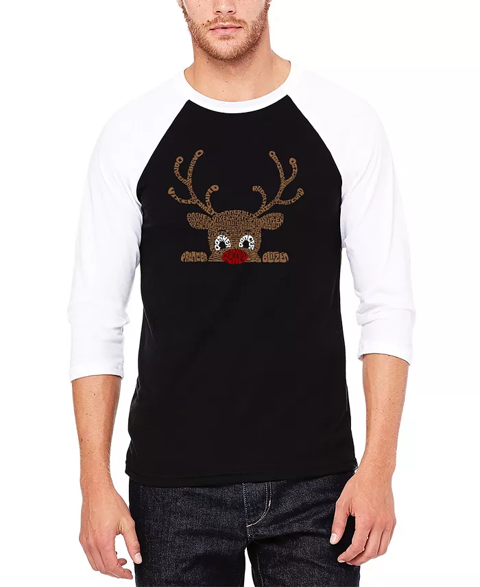 

Мужская футболка с оленем и надписью Peeking Reindeer Raglan Baseball Word Art LA Pop Art, мультиколор