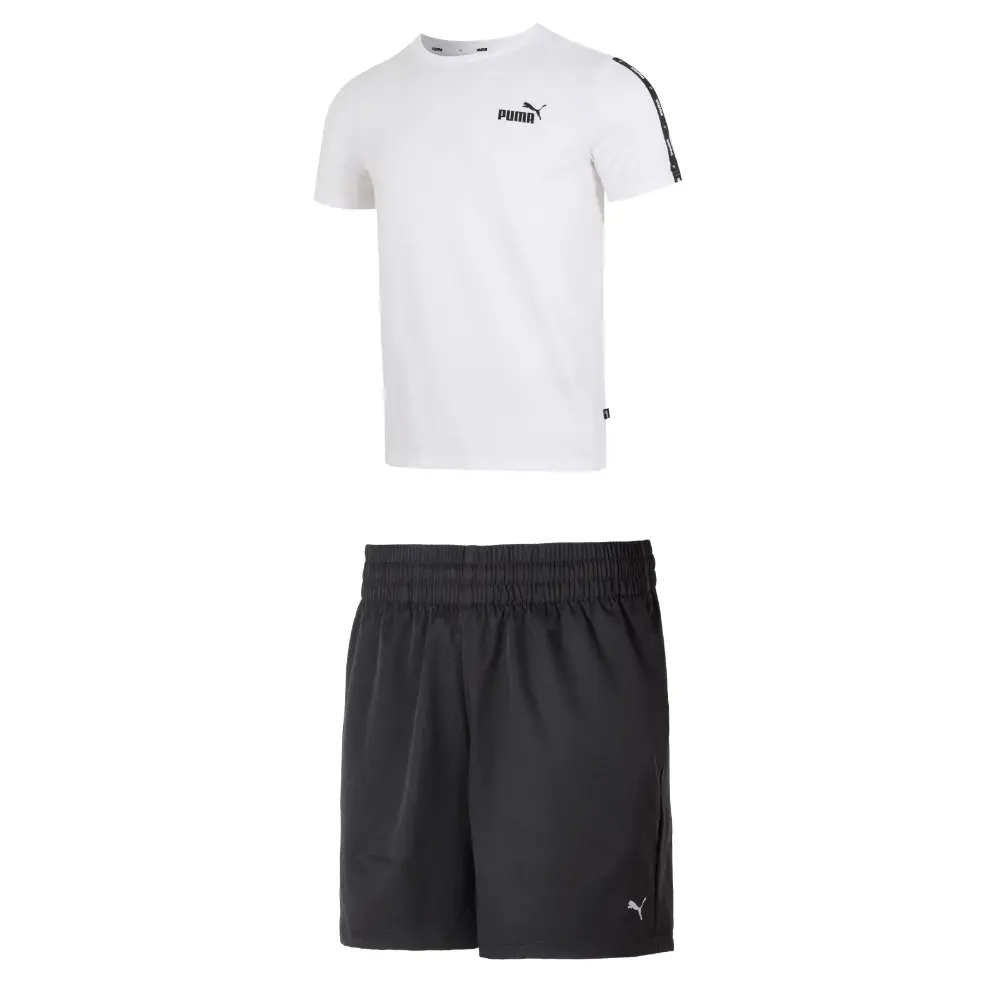 

Повседневный спортивный мужской комплект: белая футболка с короткими рукавами и черные шорты Puma, черный