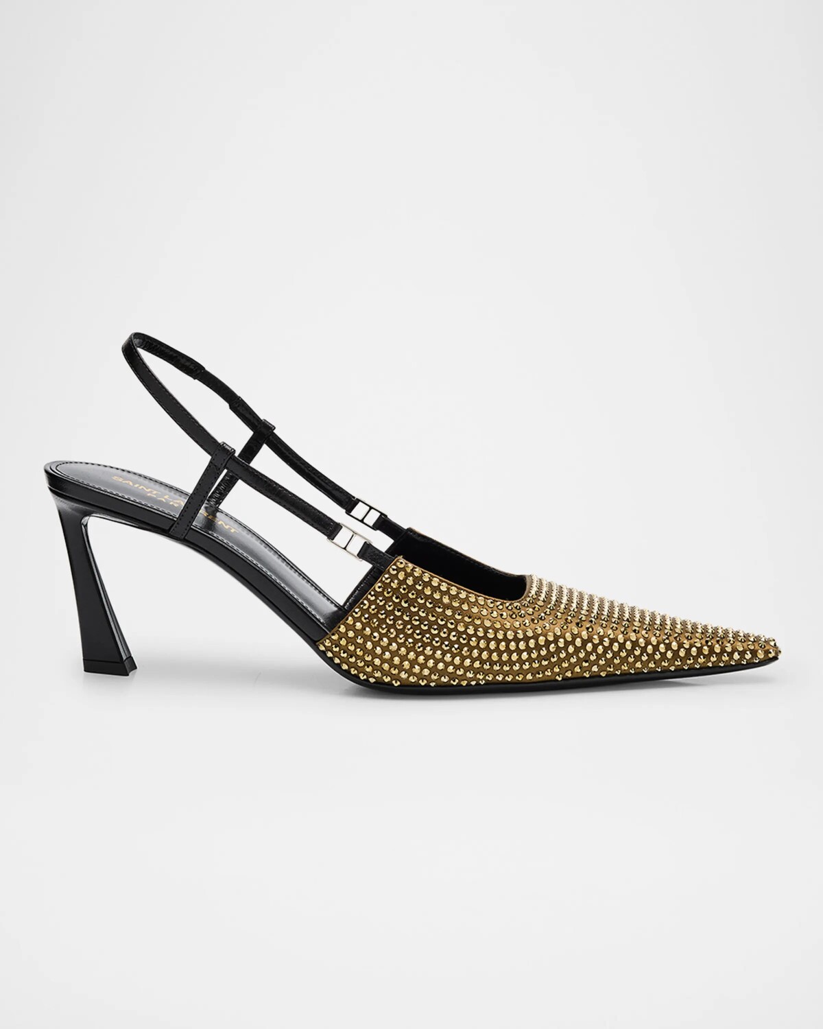 Туфли-лодочки с пяткой на пятке с блестящими стразами Saint Laurent, цвет Kakine