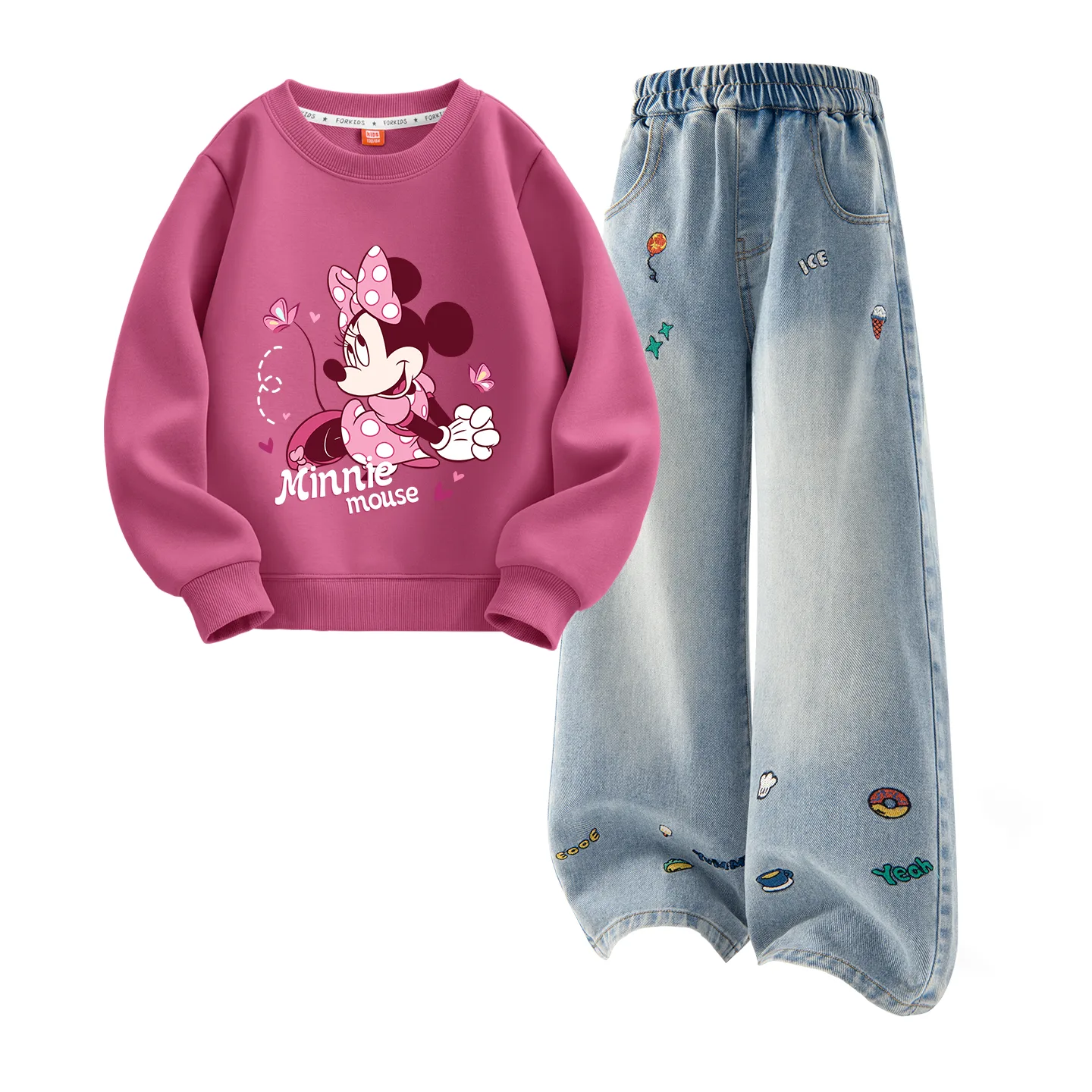 Детская повседневная спортивная футболка с круглым вырезом Disney, Di Butterfly Berry Red+Solid Color Denim Blue