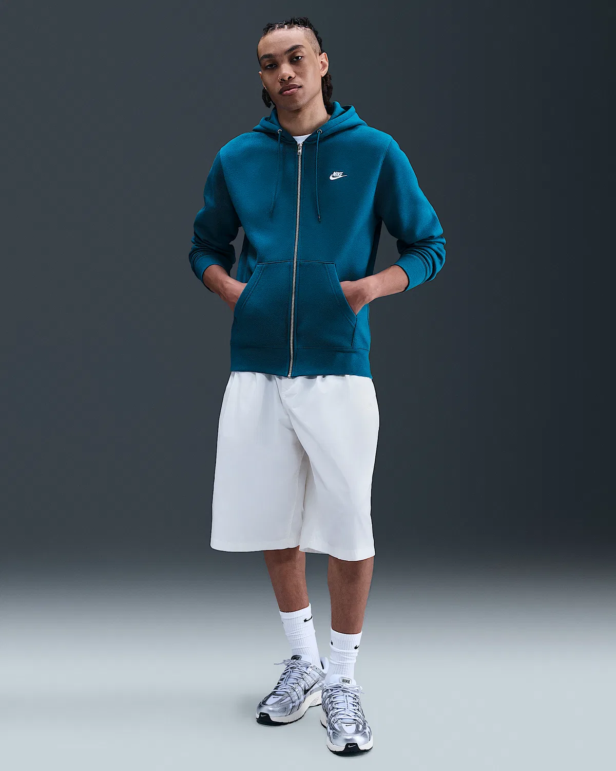 Мужская флисовая кофта на молнии Nike Club, Green Abyss/Green Abyss/White — фото 4