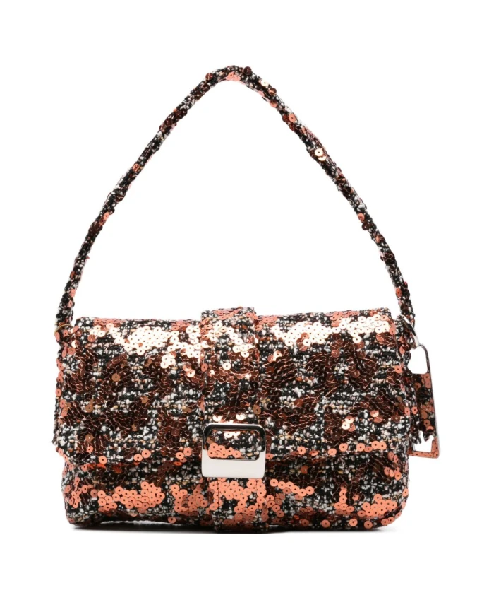 

Коричневая твидовая сумочка, расшитая пайетками, с пряжкой. La Milanesa, коричневый