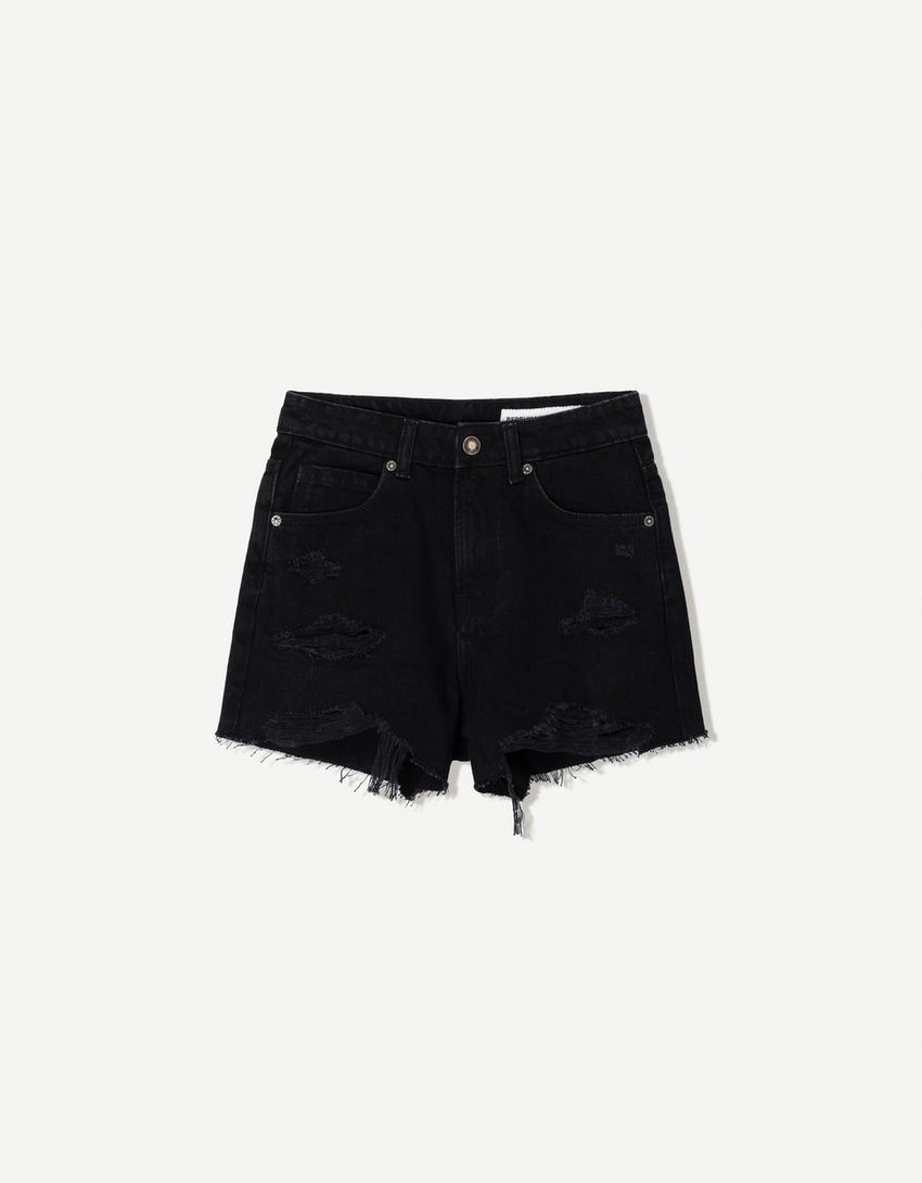 

Рваные джинсовые шорты Bershka, черный