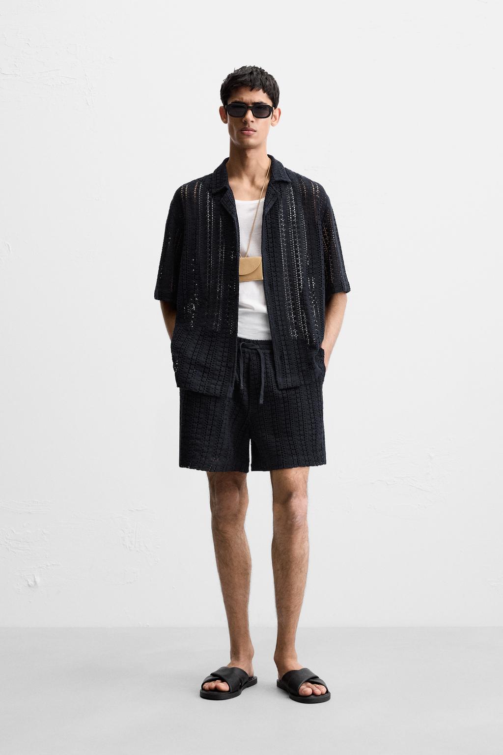 

Текстурированная рубашка, связанная крючком ZARA, темно-синий