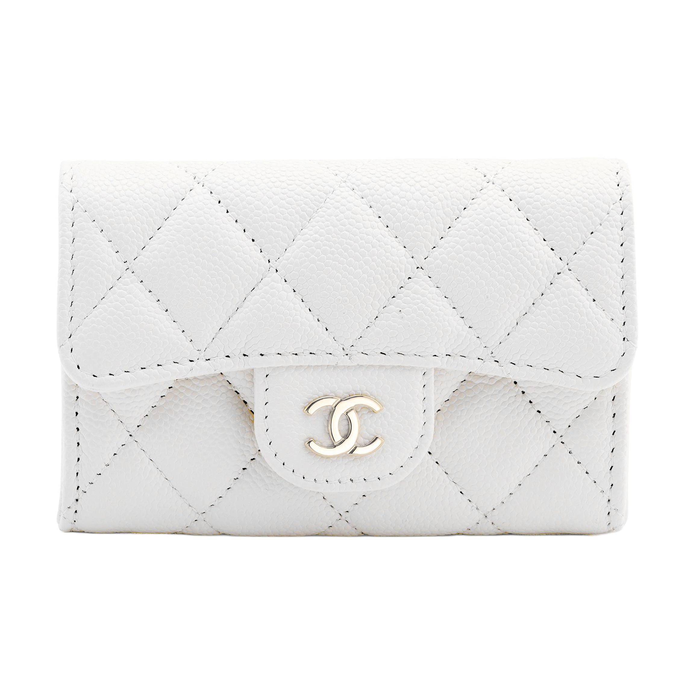 

CHANEL Кошелек из телячьей кожи Litchi Grain, портмоне, держатель для карт, женский, белый
