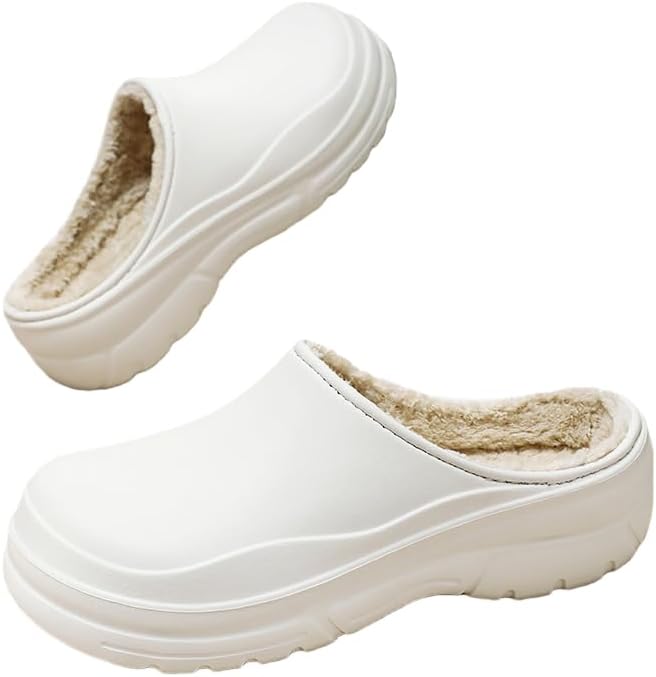 

Женские и мужские сабо с меховой подкладкой, тапочки с эффектом памяти, теплые пушистые зимние водонепроницаемые тапочки для дома и улицы, обувь для шеф-повара Hhhchpm, белый