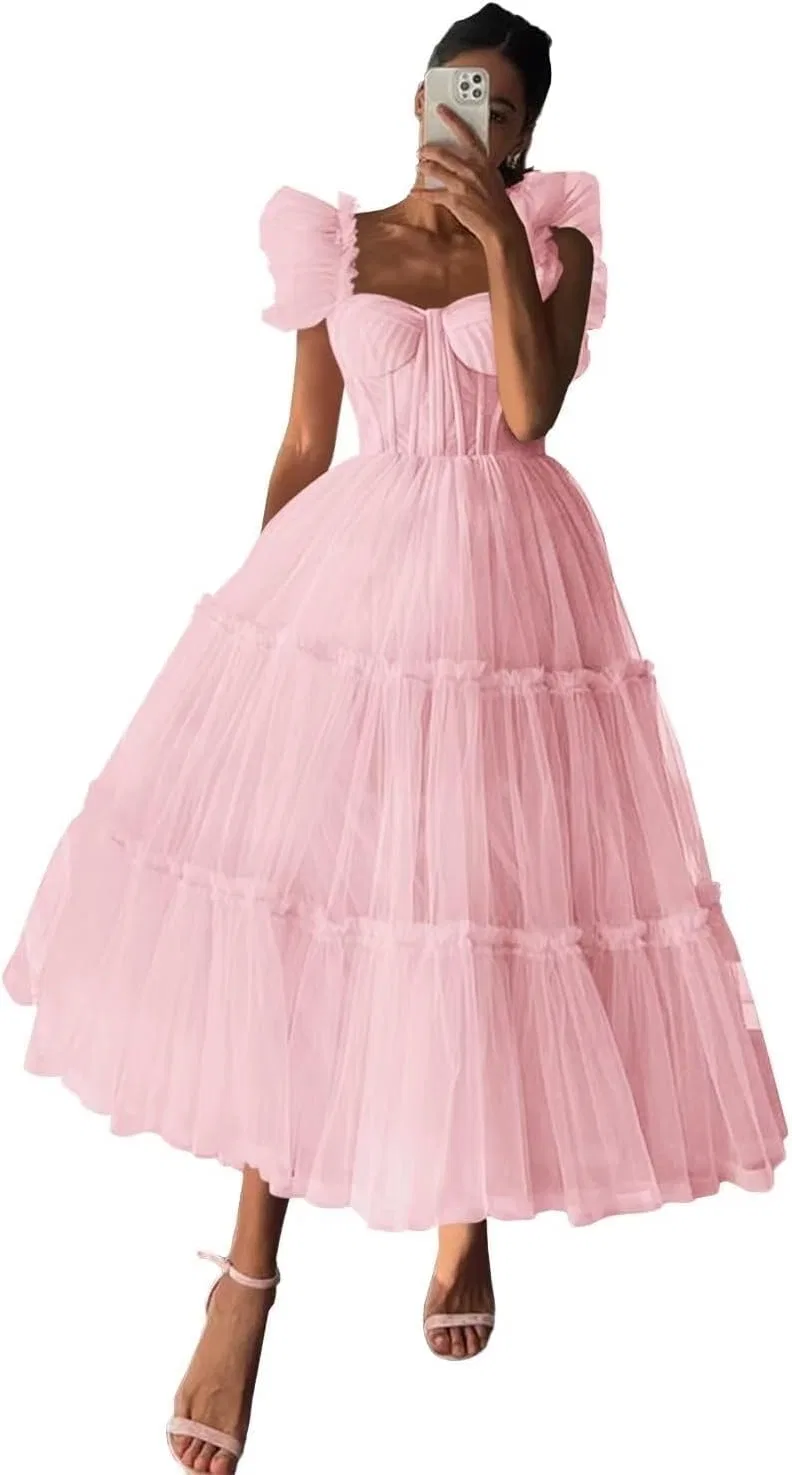 Женское вечернее платье A-силуэта из фатина Tea Length, Pink