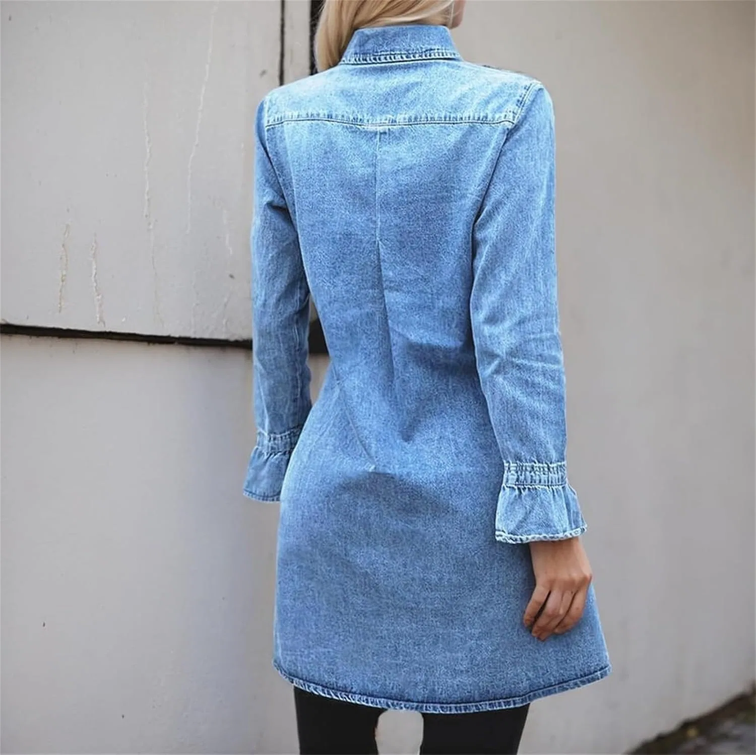 Женское джинсовое платье с V-образным вырезом, длинным рукавом, Blue — фото 3