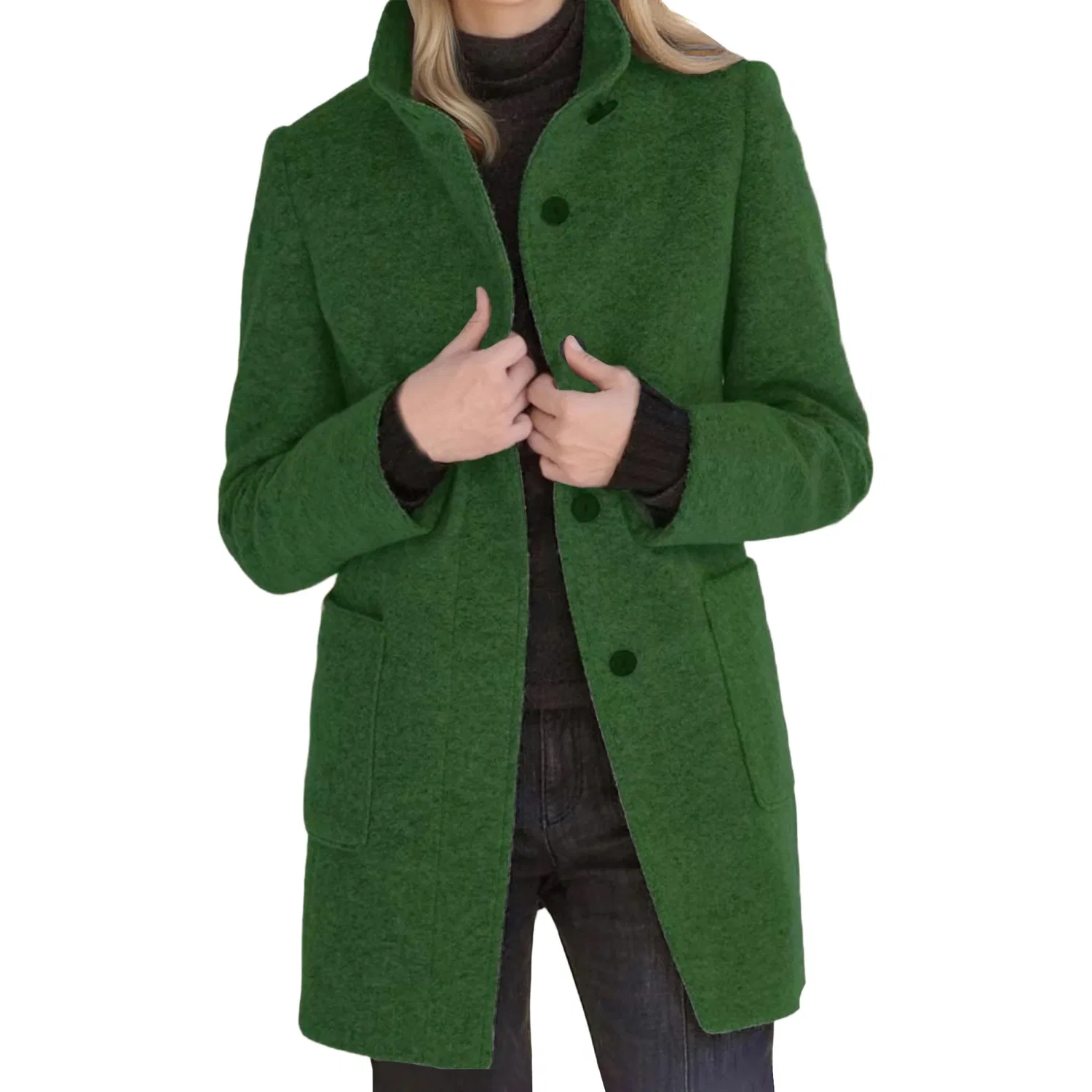 Женское шерстяное пальто с воротником-стойкой и однобортной застежкой, dark green