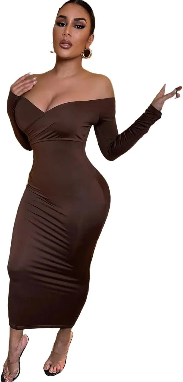 Женское длинное платье с открытыми плечами Bodycon, Chocolate Brown — фото 4