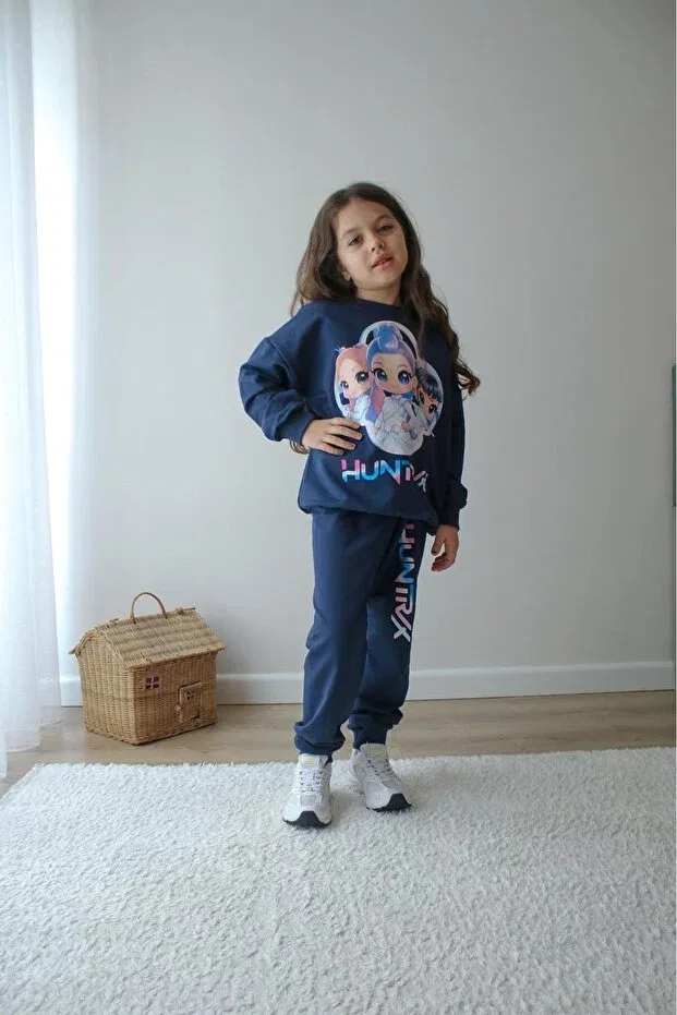 Детский комплект спортивного костюма для девочек из футера Jeliboomkidswear, Navy Blue