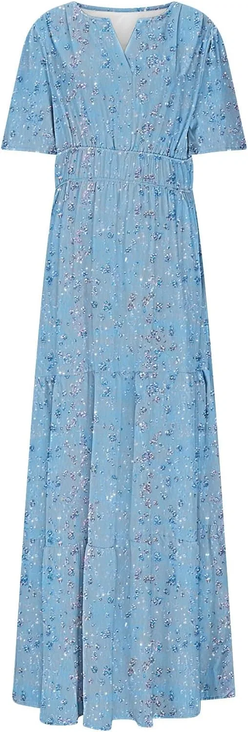Женское летнее макси-платье с V-образным вырезом и эластичной талией, Light Blue — фото 3
