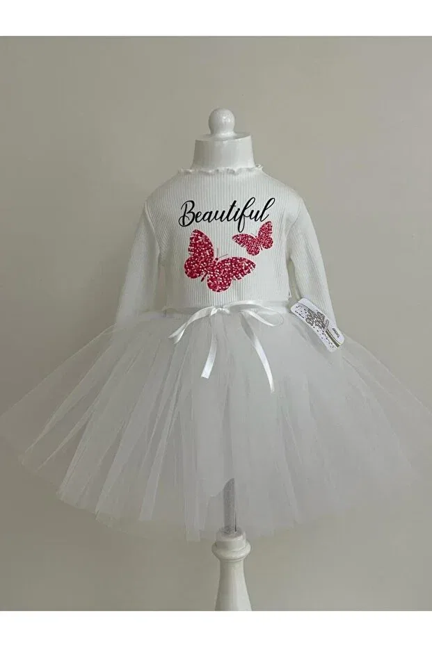 Детское платье для девочек с принтом Cotton Lined Long Sleeve Butterfly Printed Tulle Girls' Dress Neocotton, Ecru