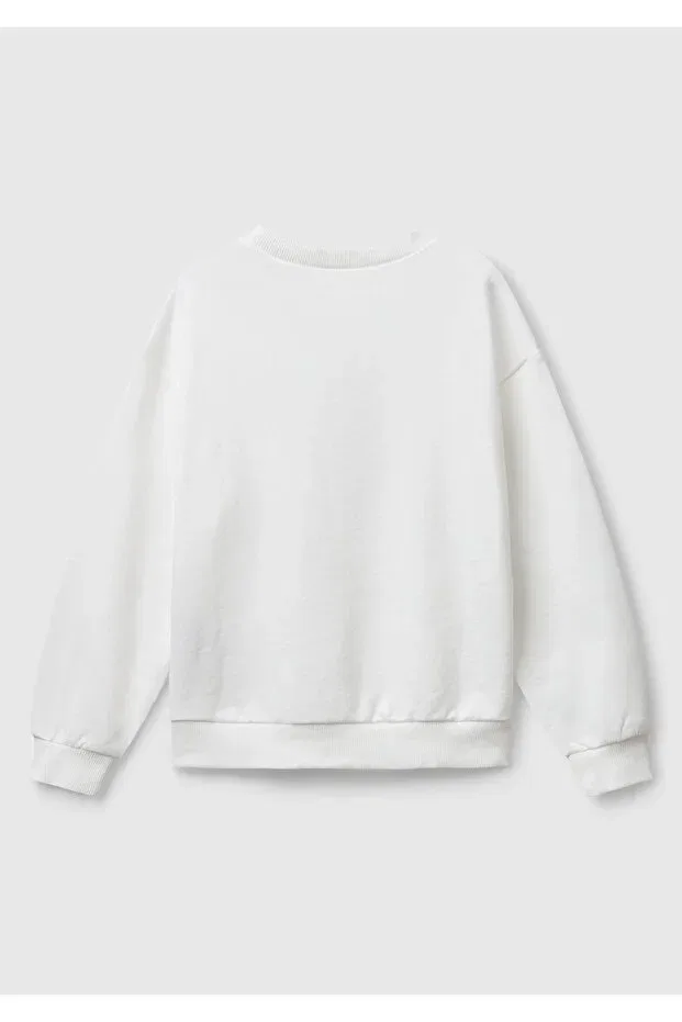 Детские свитшот для девочек с принтом Glitter Logo United Colors Of Benetton, Ecru — фото 2