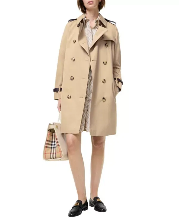 Женское пальто с кожаной отделкой Kensington Trench Coat Burberry, Honey Beige