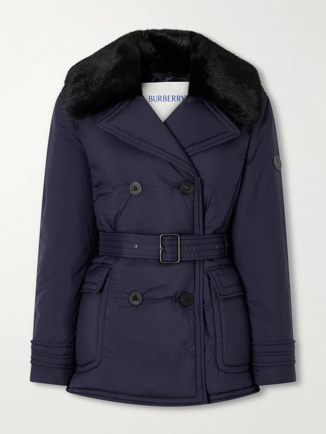 Двубортная стеганая куртка из шелла с поясом и плюшевой отделкой Burberry, синий