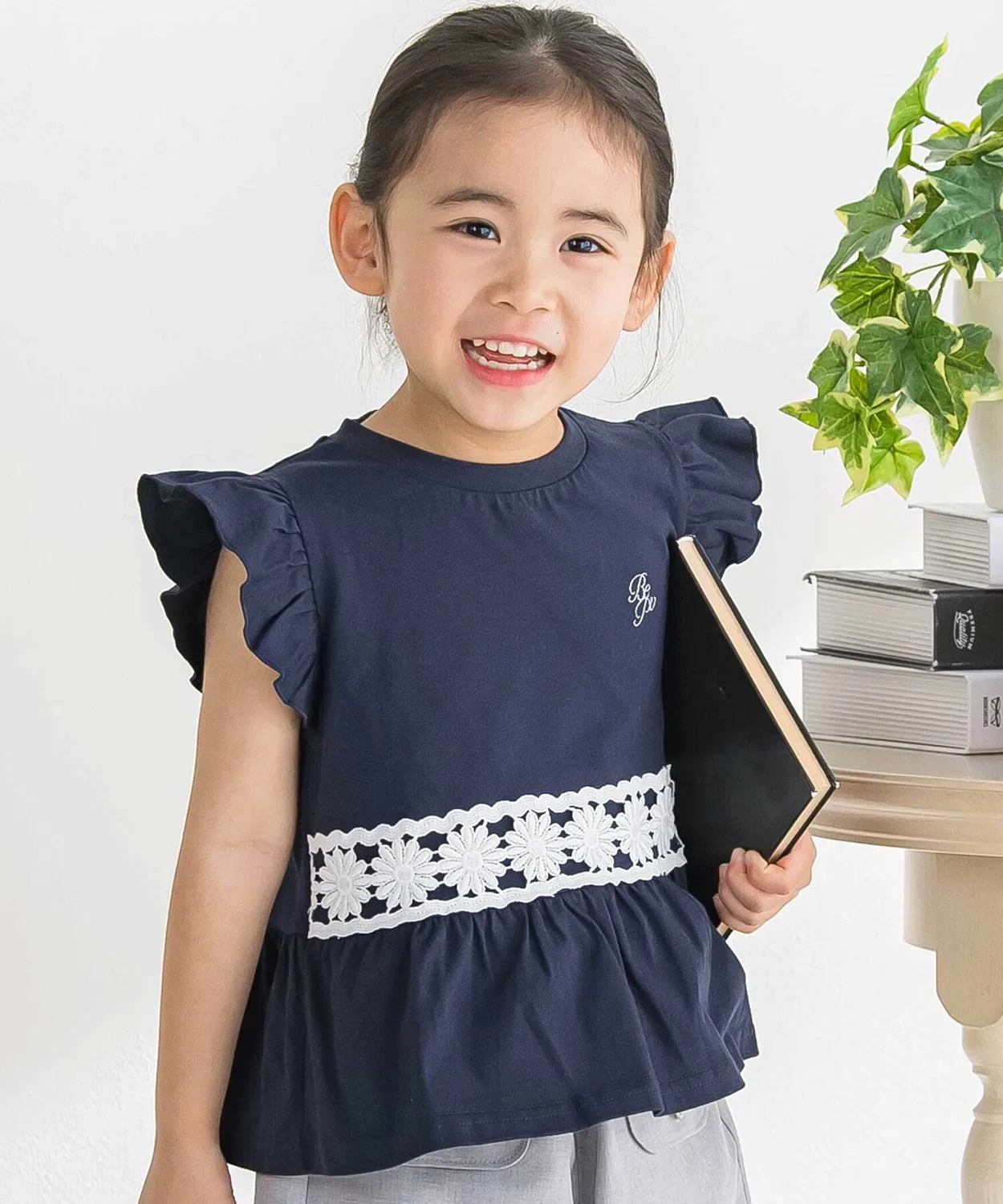 Детская футболка для девочек с цветочным кружевом BeBe Petits Pois Vert, Navy