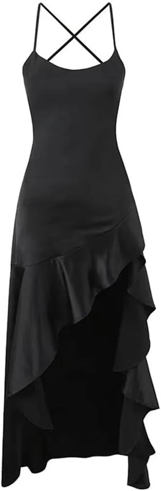 Женское секси макси-платье на тонких бретелях с рюшами, Black