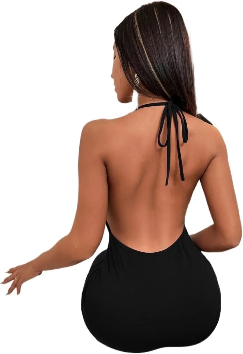 Женское короткое платье с открытой спиной на тонких бретелях, Black — фото 2