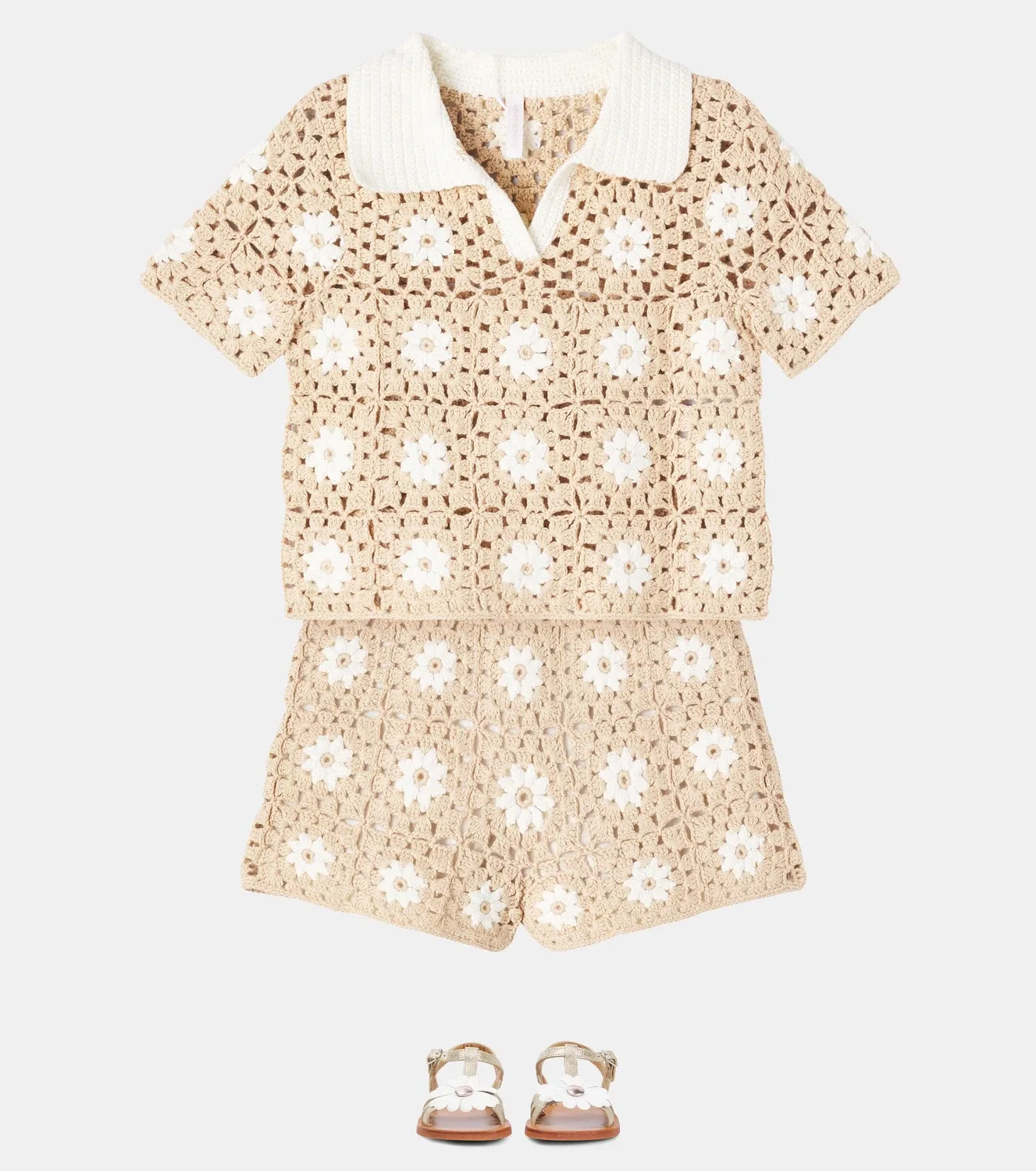 Шорты хлопковые с кружевным цветочным принтом Zimmermann Kids, бежевый — фото 2