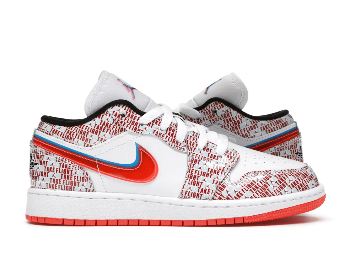 Детские кроссовки для мальчиков с авиационным дизайном Jordan 1 Low SE Take Flight Jordan, White/Blue Hero-Bright Crimson-Black