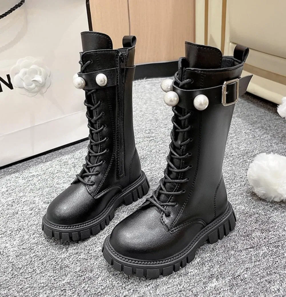 Детские ботинки для девочек на шнуровке с боковой молнией, модель Combat Boots, Black — фото 3