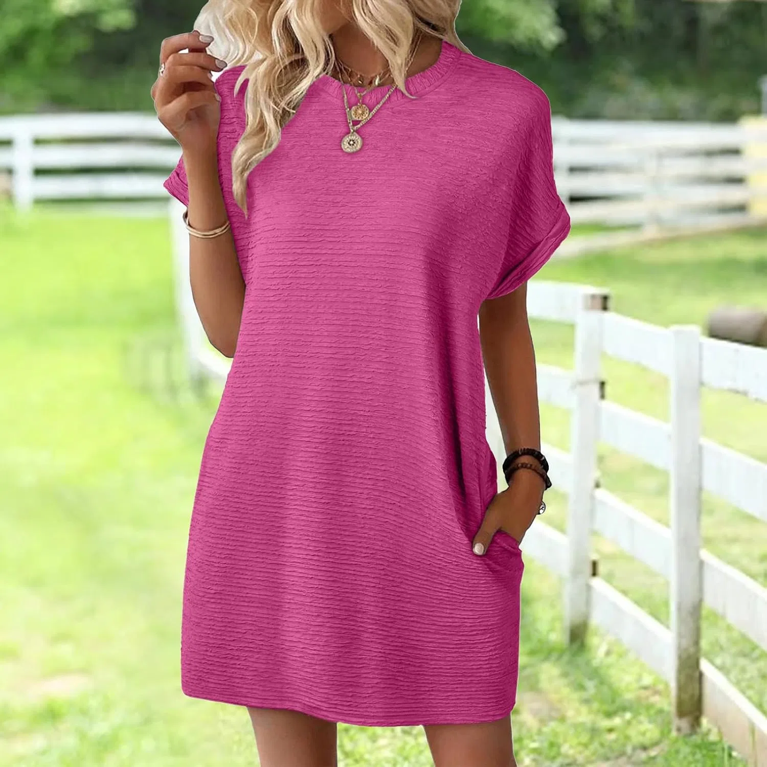 Женское повседневное платье-футболка с карманом, Hot Pink — фото 3