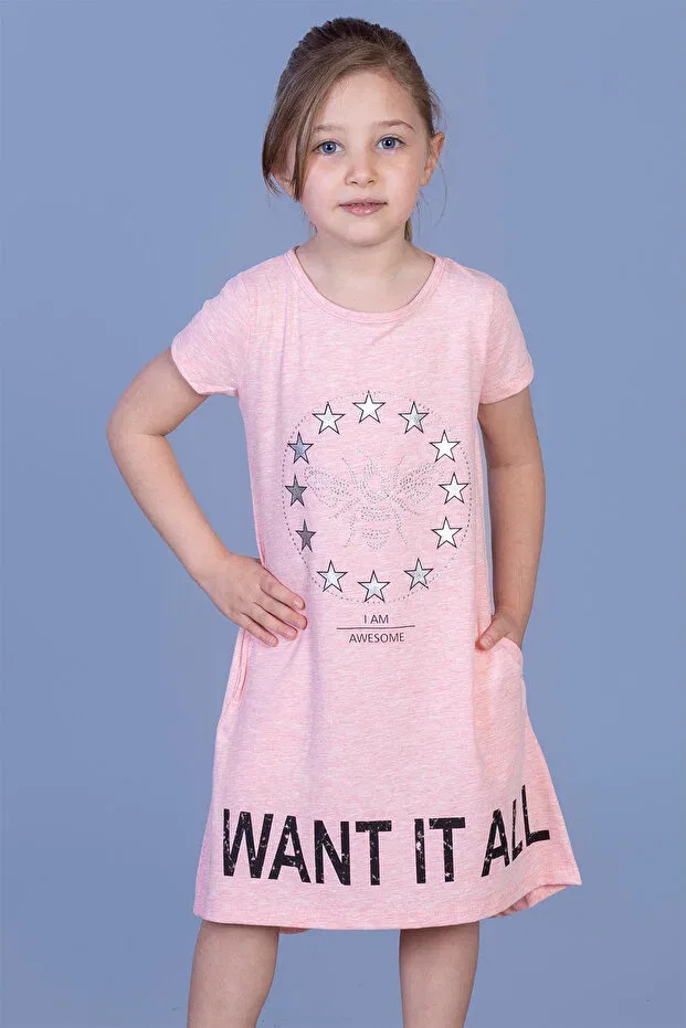 Детское платье для девочек с принтом i want it all printed dress Toontoy, Pink Melange