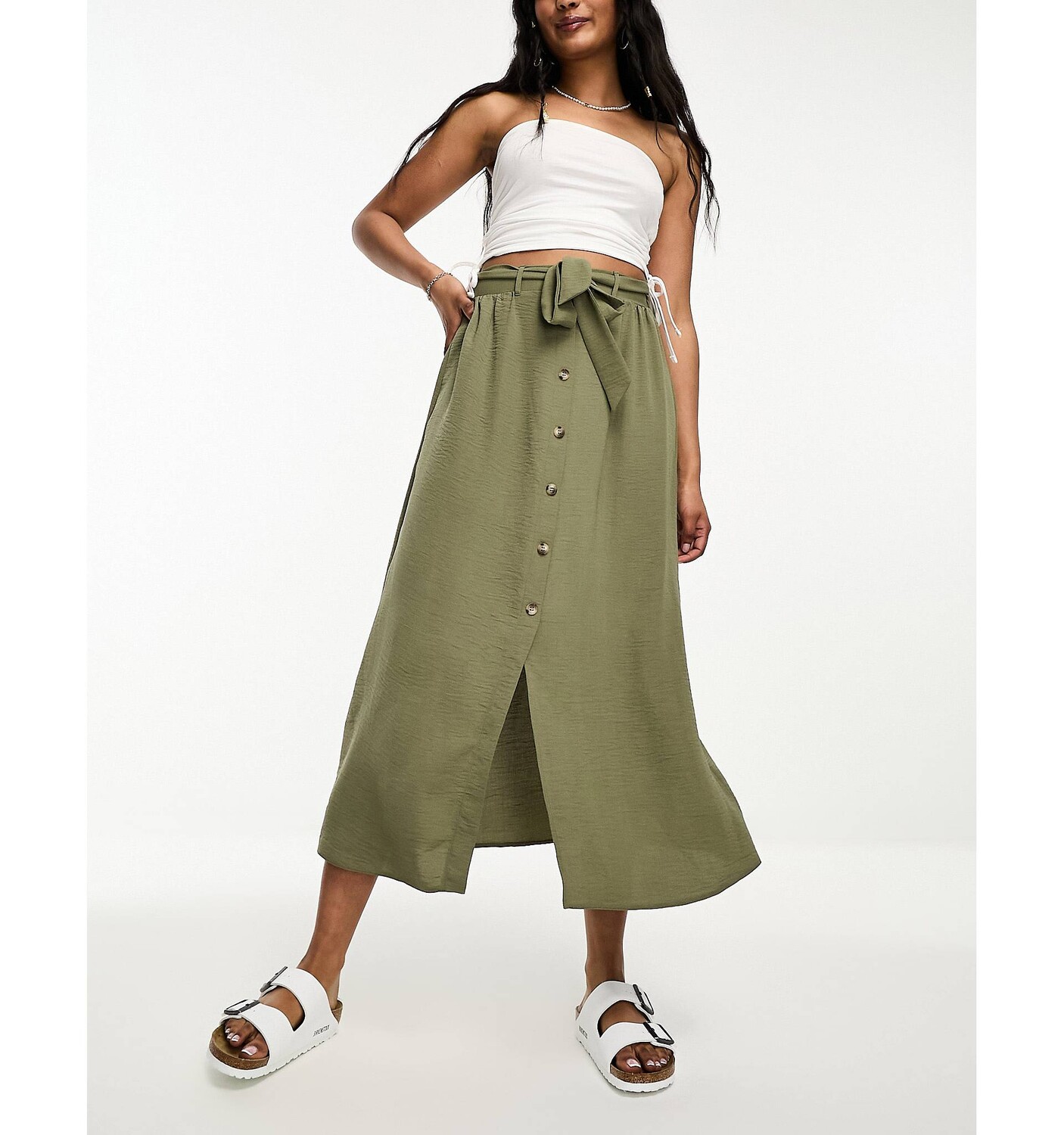 

Юбка цвета хаки на пуговицах с завязками на талии ASOS DESIGN
