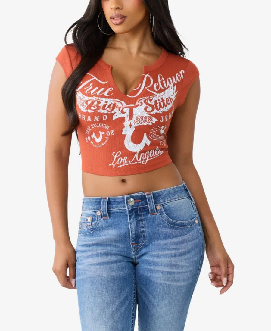 Женская укороченная футболка с вырезом и рифленой текстурой Heritage Rib Notch Cropped True Religion, Burnt Brick