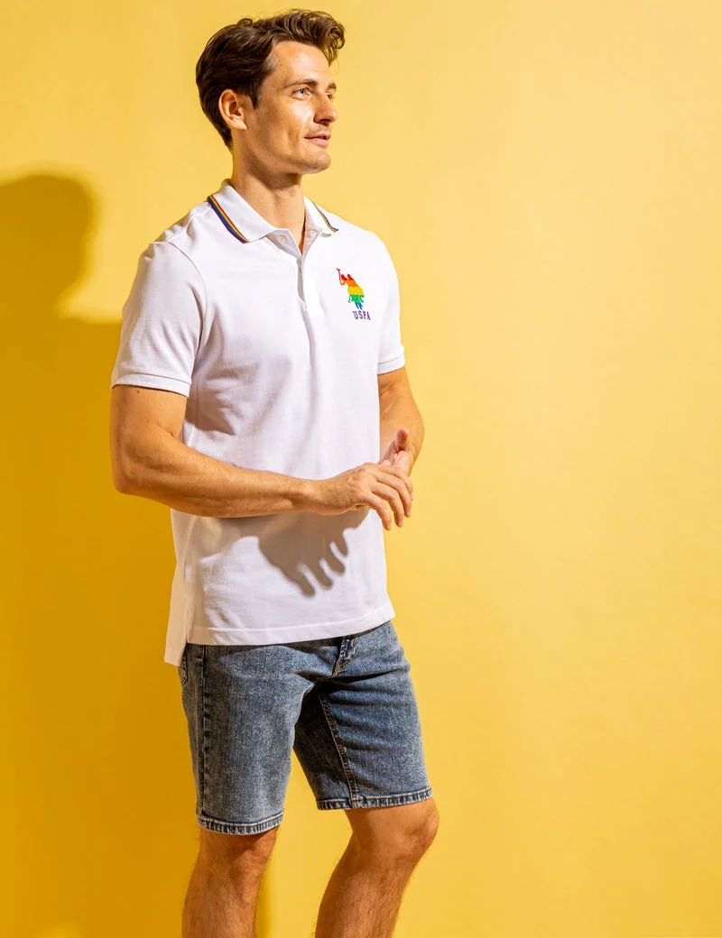 Мужская футболка-поло U.S. Polo Assn. Pride Rainbow Trim Pique, белый — фото 4