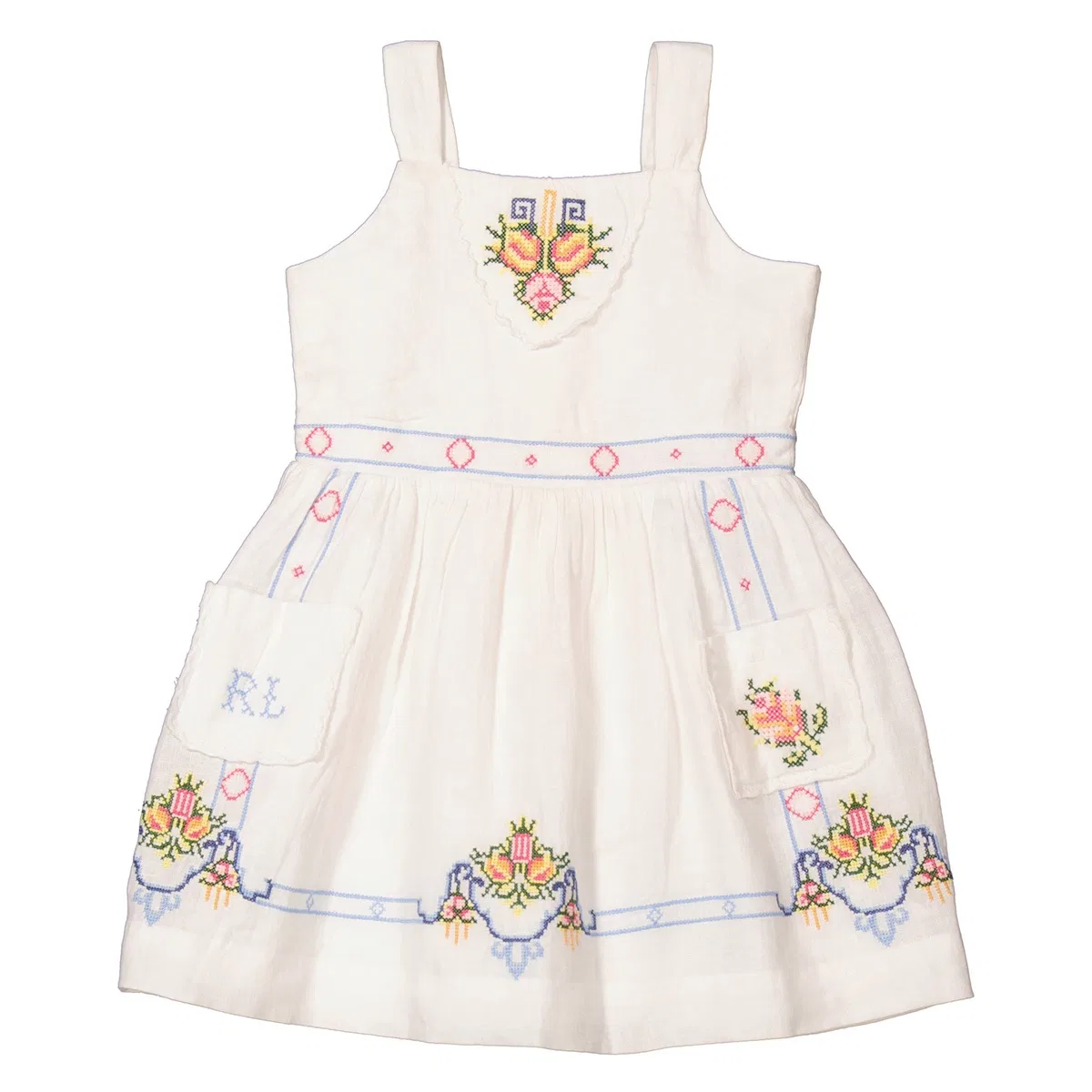 Платье-трапеция без рукавов с цветочной вышивкой Girls White Floral Embroidered Linen Dress Polo Ralph Lauren, White