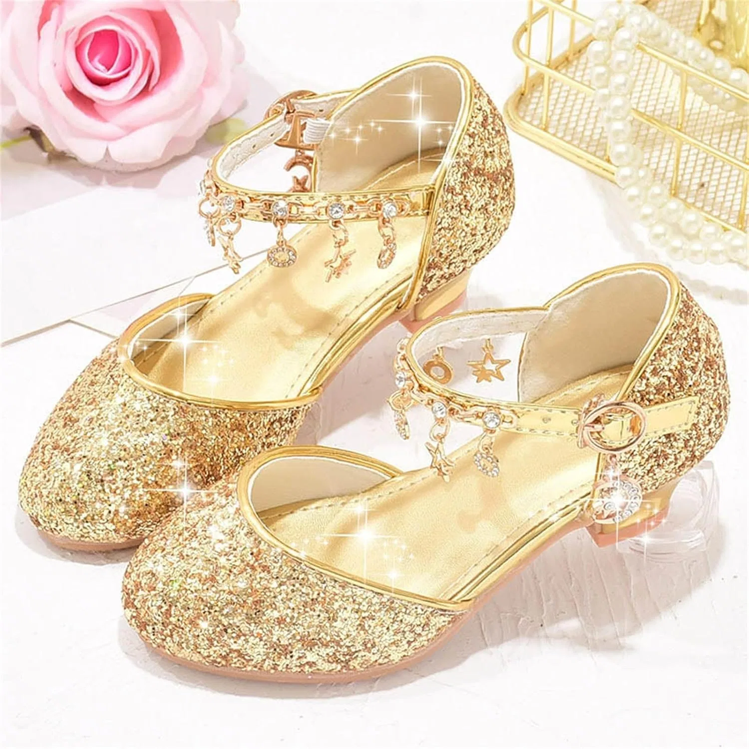 Детские туфли для девочек с блестками и стразами Mary Jane SHOPESSA, Gold — фото 2