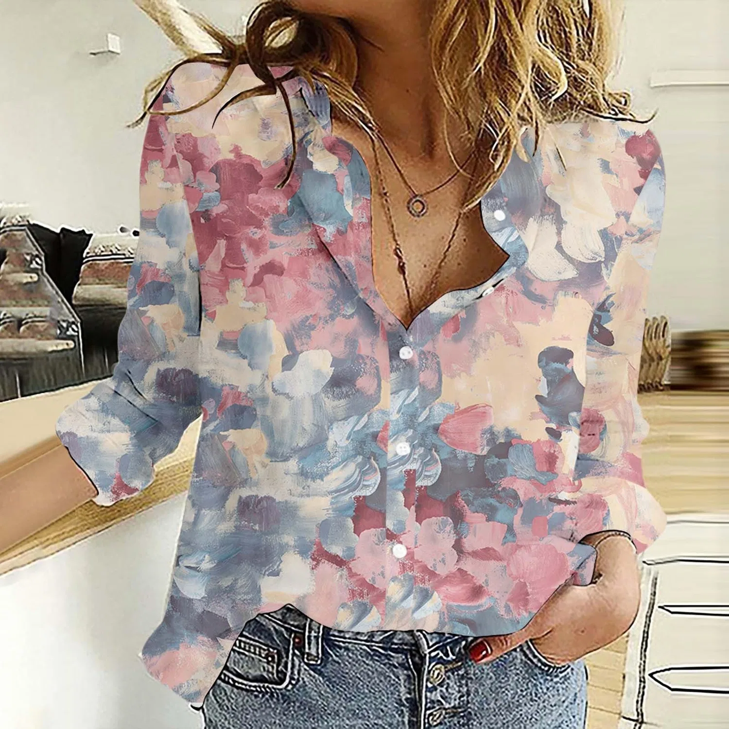 Женская блуза с цветочным принтом с длинным рукавом Cotton Linen Shirt, W Camouflage — фото 2
