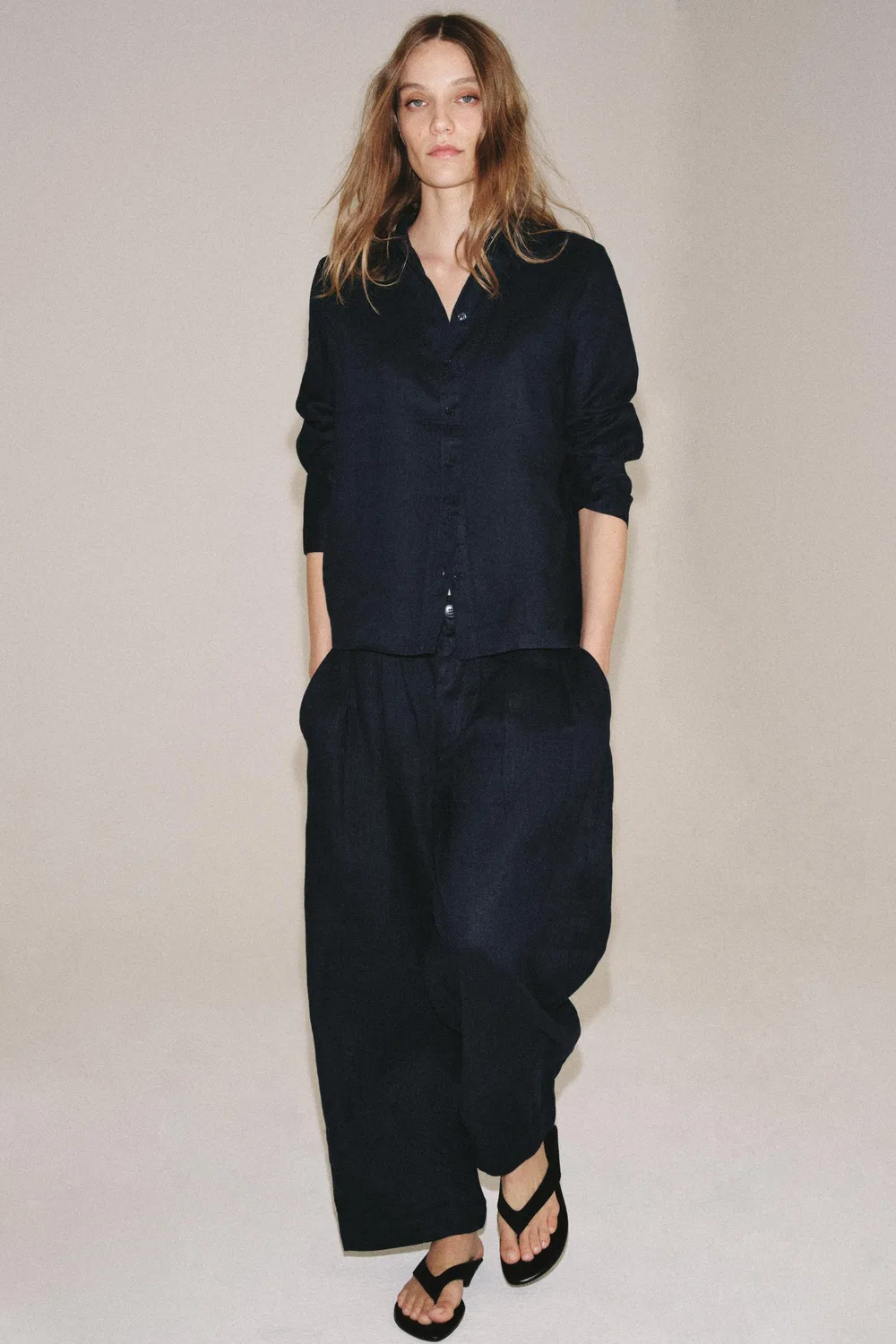 Рубашка из 100% льна из коллекции ZW. ZARA, Navy blue — фото 3