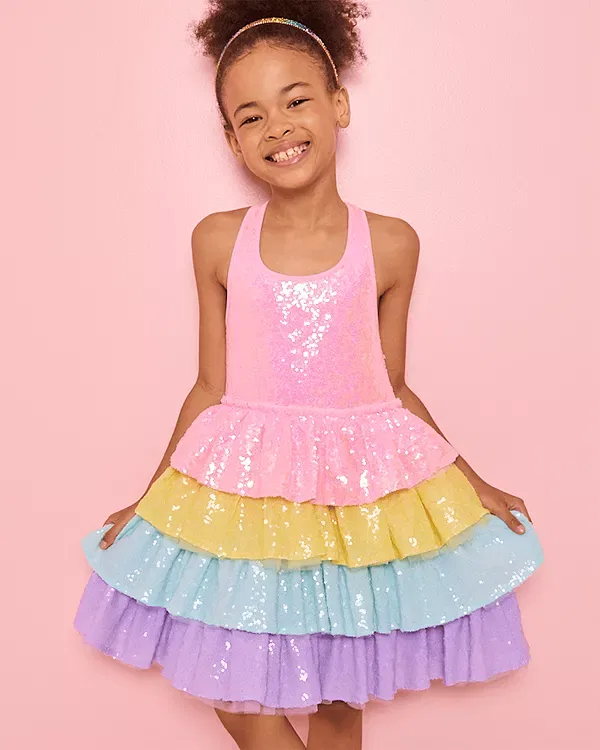 Детское платье для девочек с пайетками Rainbow Sequin Tiered Dream Dress Lola + The Boys, мультиколор — фото 2
