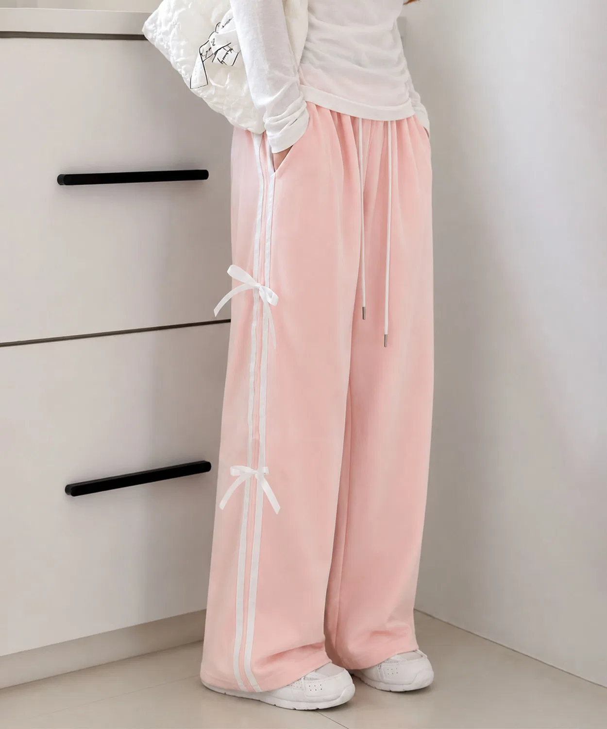 Детские штаны с широкими штанинами с лентой и полосками aimoha, Light Pink