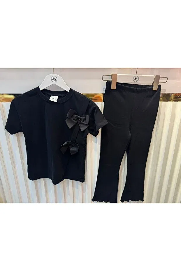 Детский комплект для девочек с принтом Bowknot ribbed leggings set Ueskids, Black