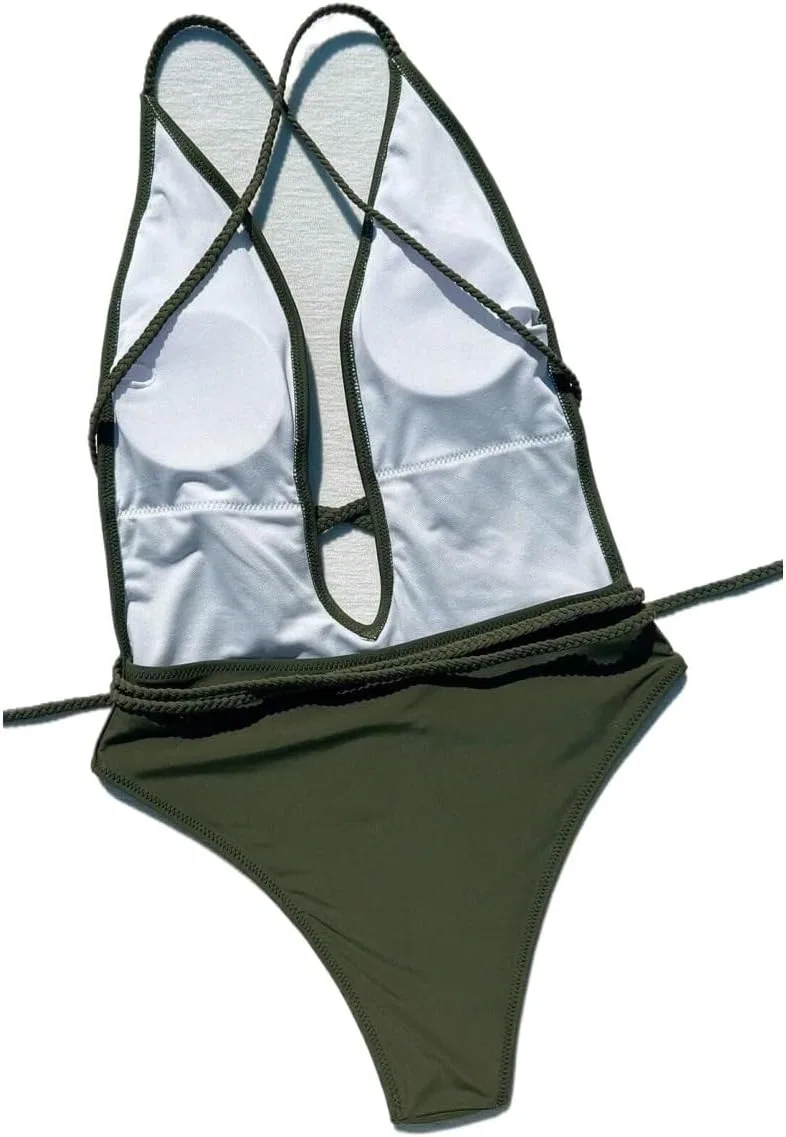 Женский монокини с глубоким V-вырезом, крест-накрест, Army Green — фото 2