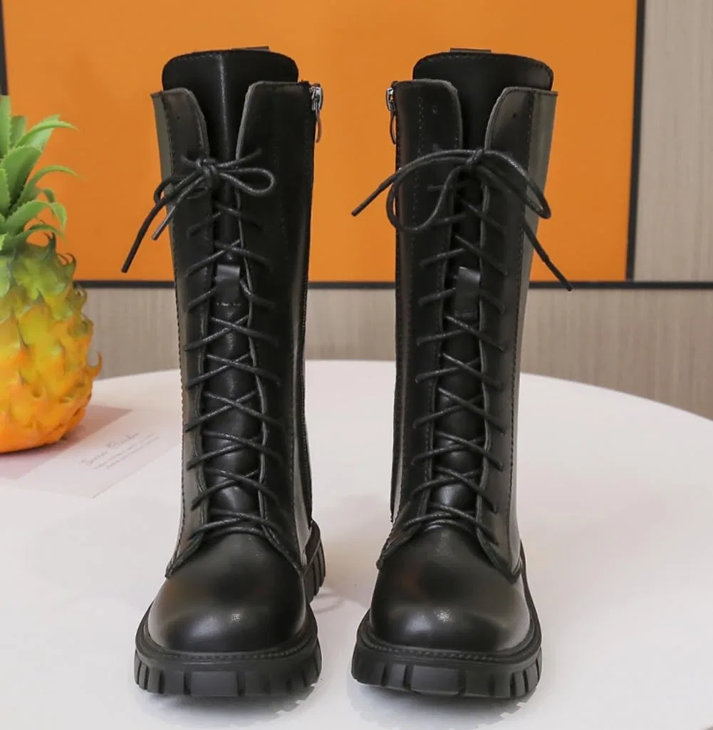 Детские ботинки для девочек на шнуровке с флисовой подкладкой, модель Mid Calf Fleece Lined Leather Shoes, Black — фото 4