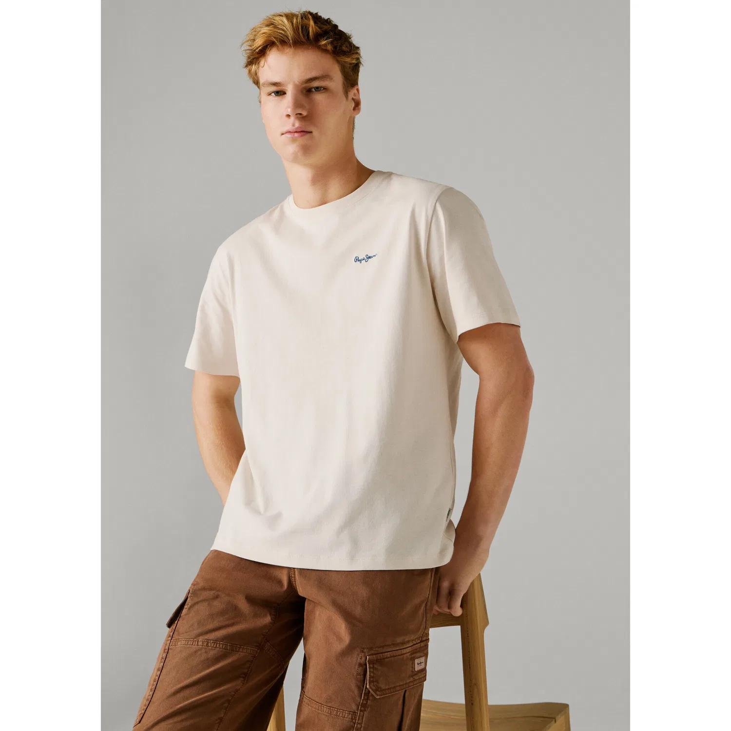 Детская хлопковая футболка с круглым вырезом и вышитым логотипом Pepe Jeans, Ivory White — фото 3